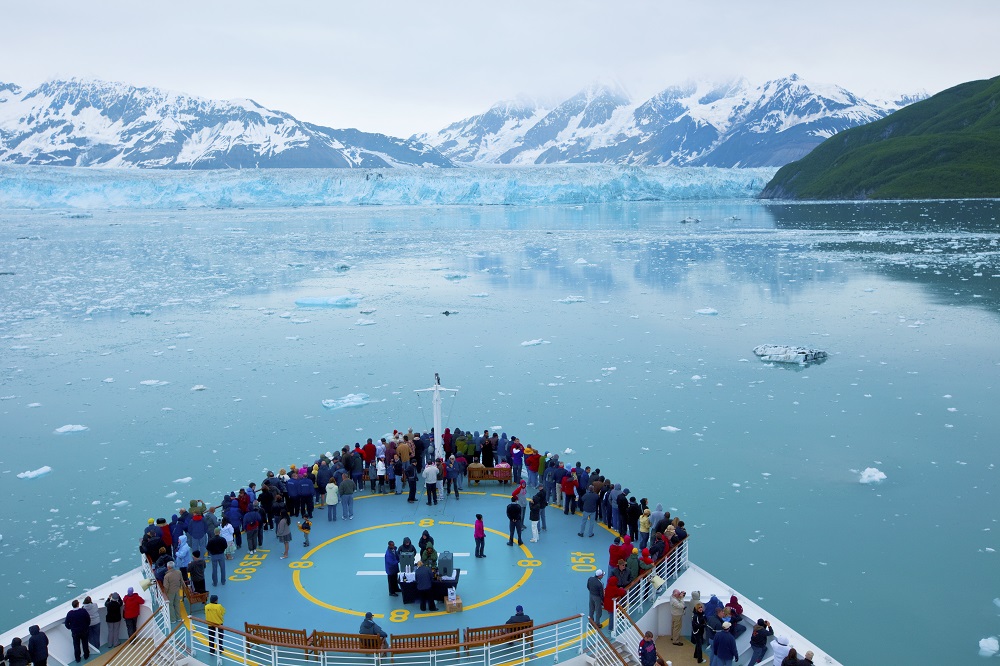 Hubbard Glacier - Alaska RD, Radiance of the Seas, Hubbard Glacier, Alaska, overhead view of front of ship''s top deck, people on deck looking out at glacier, ice floes, mountains,